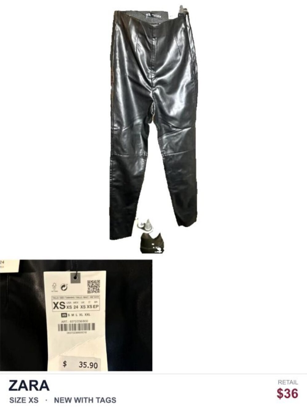 Zara Black Faux Leather High Rise Pants NWT XS